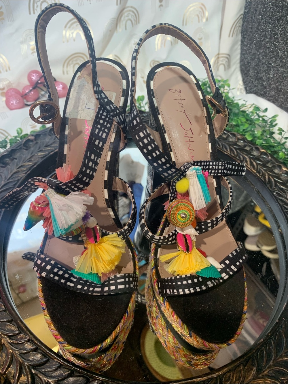 Betsey Johnson Black Checked Wedge Sandals with Multicolor Tassels